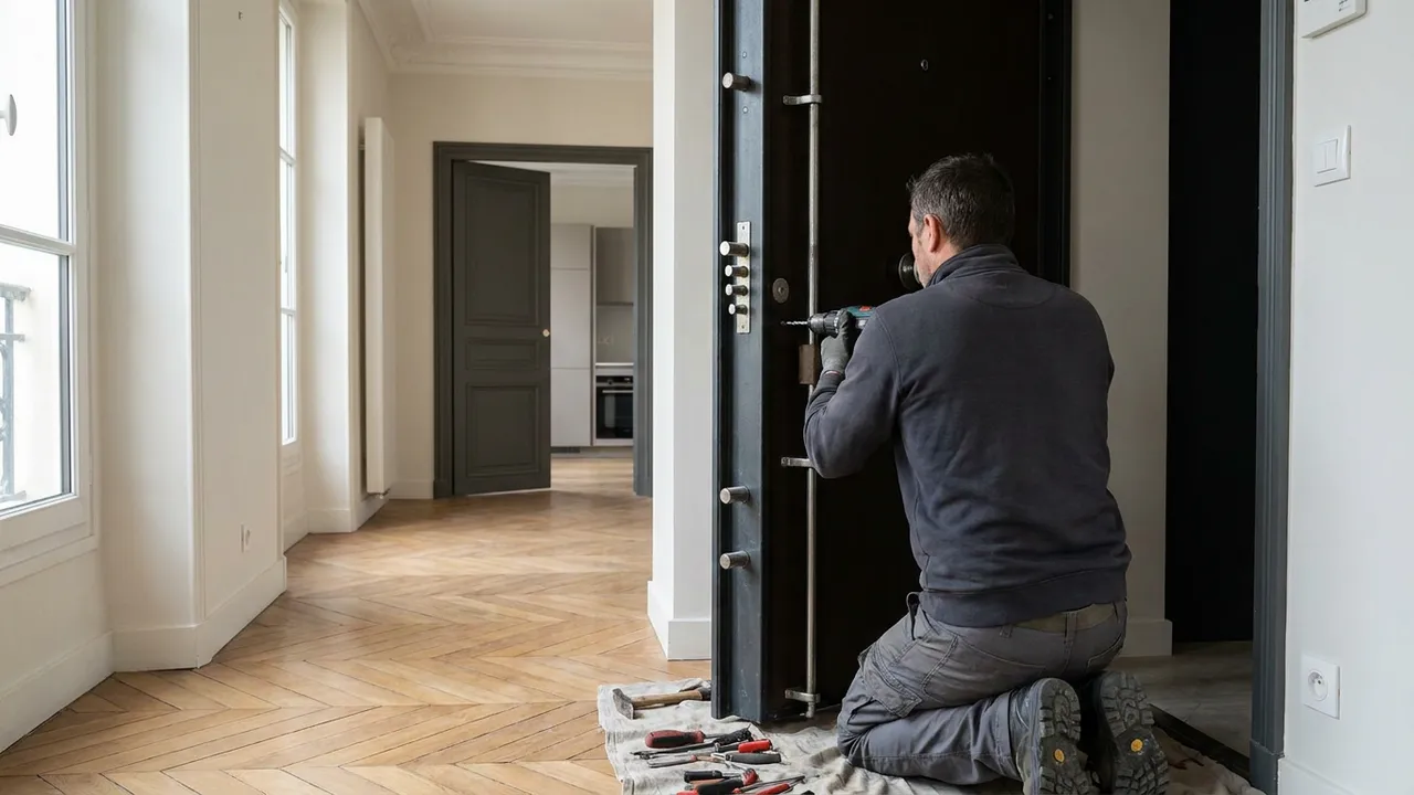 Pose d'un blindage sur la porte d'entrée d'une maison à Brunoy dans l'Essonne